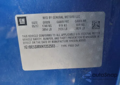 2017 Chevrolet Cruze Lt Auto z USA, uszkodzony, nr VIN 1G1BE5SMXH7252583